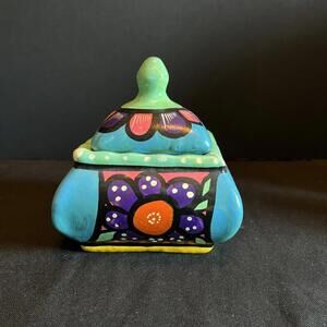 Vtg. Mexican Pottery Talavera Folk Art Hand Painted Cannister Container Floral
